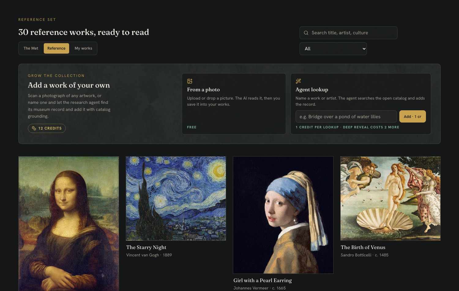 The ArtStory library with the add-a-work panel and agent lookup
