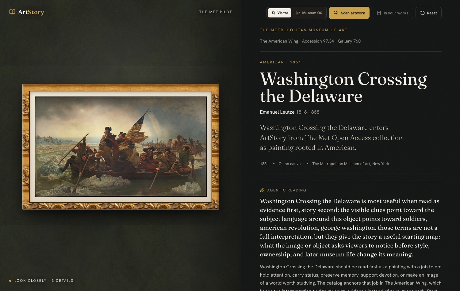A painting hung in a gilded frame beside its story in ArtStory