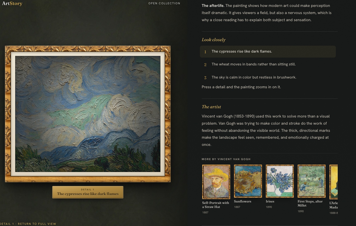 ArtStory zoomed into the sky of Wheat Field with Cypresses beside its close-reading guide